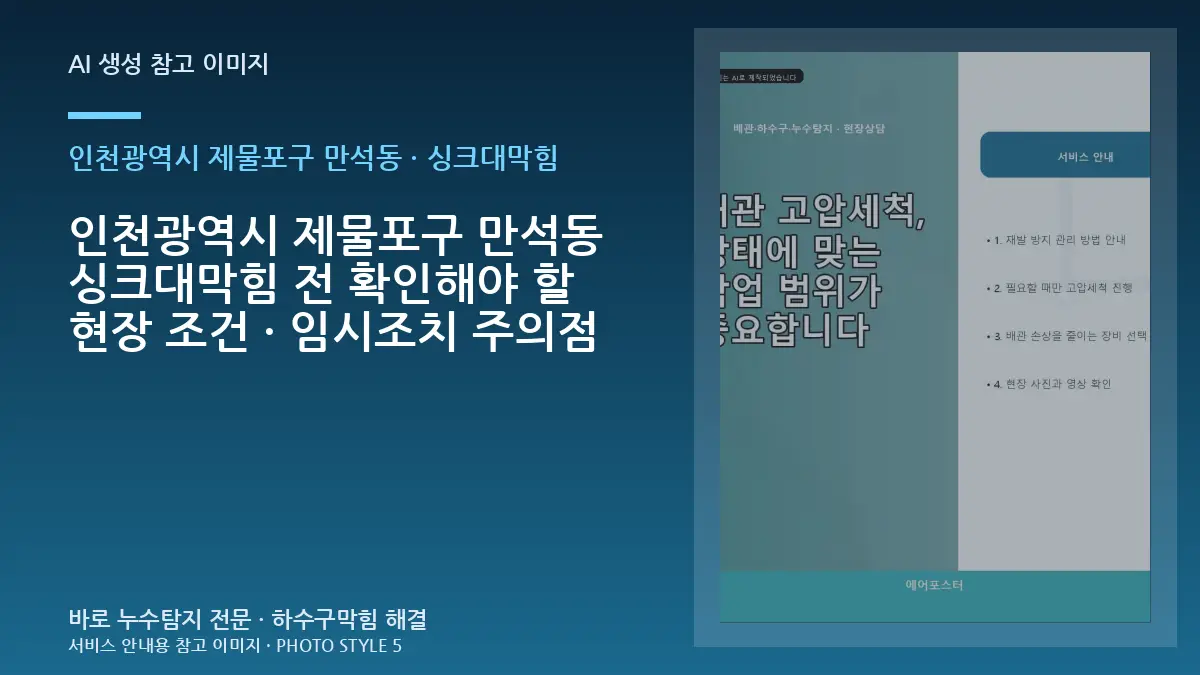 인천광역시 제물포구 만석동 싱크대막힘 전 확인해야 할 현장 조건 · 임시조치 주의점