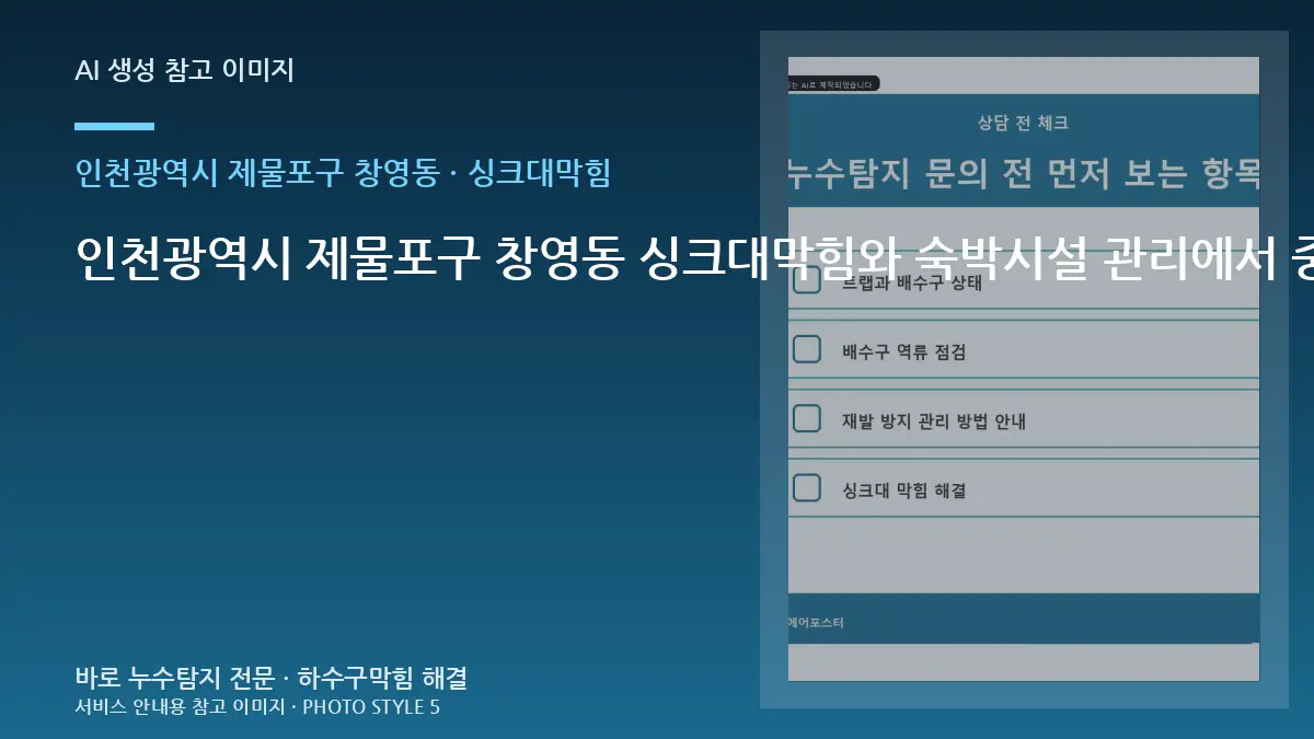 인천광역시 제물포구 창영동 싱크대막힘와 숙박시설 관리에서 중요한 점 · 설비상태 설명법