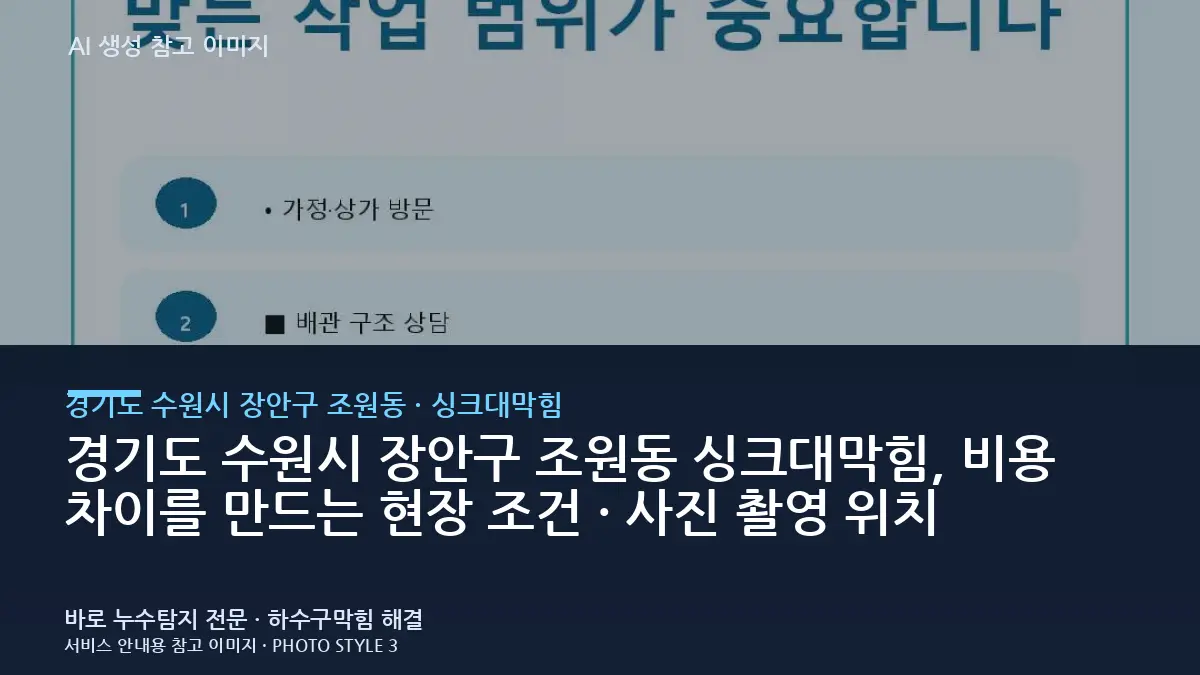 경기도 수원시 장안구 조원동 싱크대막힘, 비용 차이를 만드는 현장 조건 · 사진 촬영 위치
