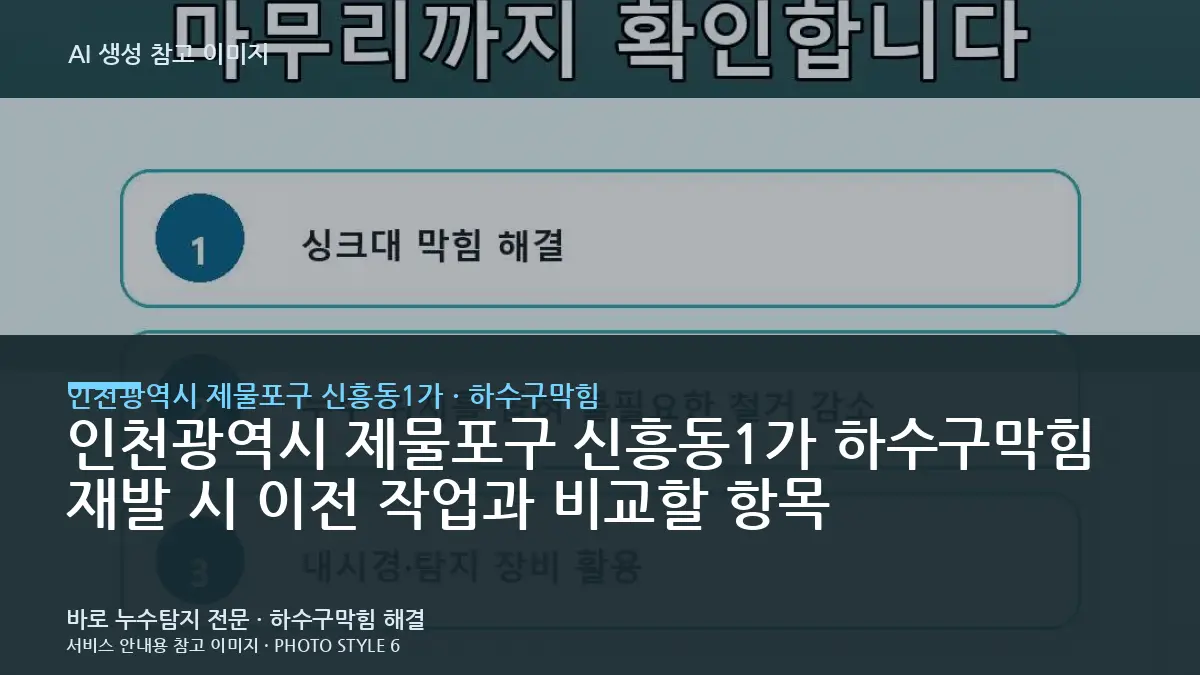인천광역시 제물포구 신흥동1가 하수구막힘 재발 시 이전 작업과 비교할 항목