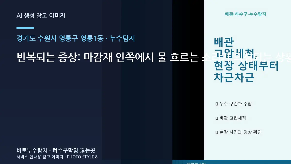 반복되는 증상: 마감재 안쪽에서 물 흐르는 소리가 의심되는 상황 · 경기도 수원시 영통구 영통1동 누수탐지, 어디부터 봐야 할까
