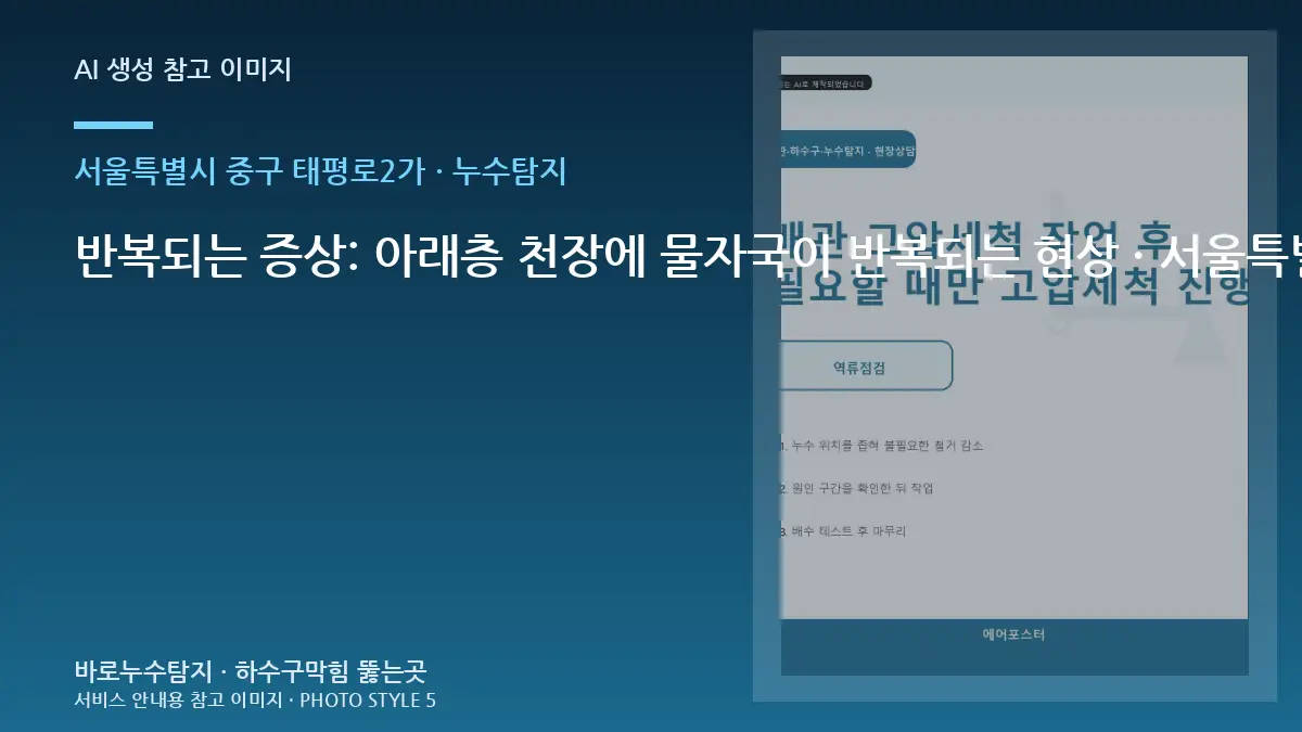 반복되는 증상: 아래층 천장에 물자국이 반복되는 현상 · 서울특별시 중구 태평로2가 누수탐지, 어디부터 봐야 할까